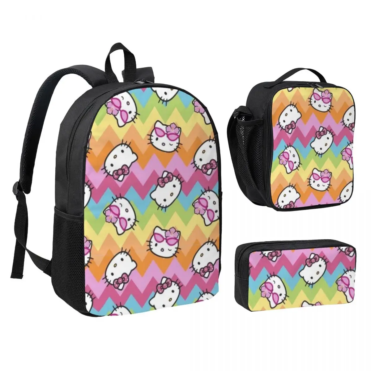 3-Piece Backpack Set with Lunch Bag and Pencil Pouch Hello Kitty Lightweight 17-Inch Bag for Students and Professionals