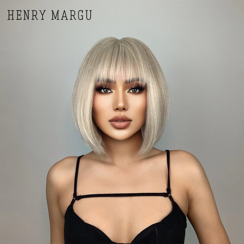 HENRY MARGU Short Straight Bob Platinum Synthetic Wigs with Bangs Light Blonde Natural Wig for Women Daily Party Heat Resistant