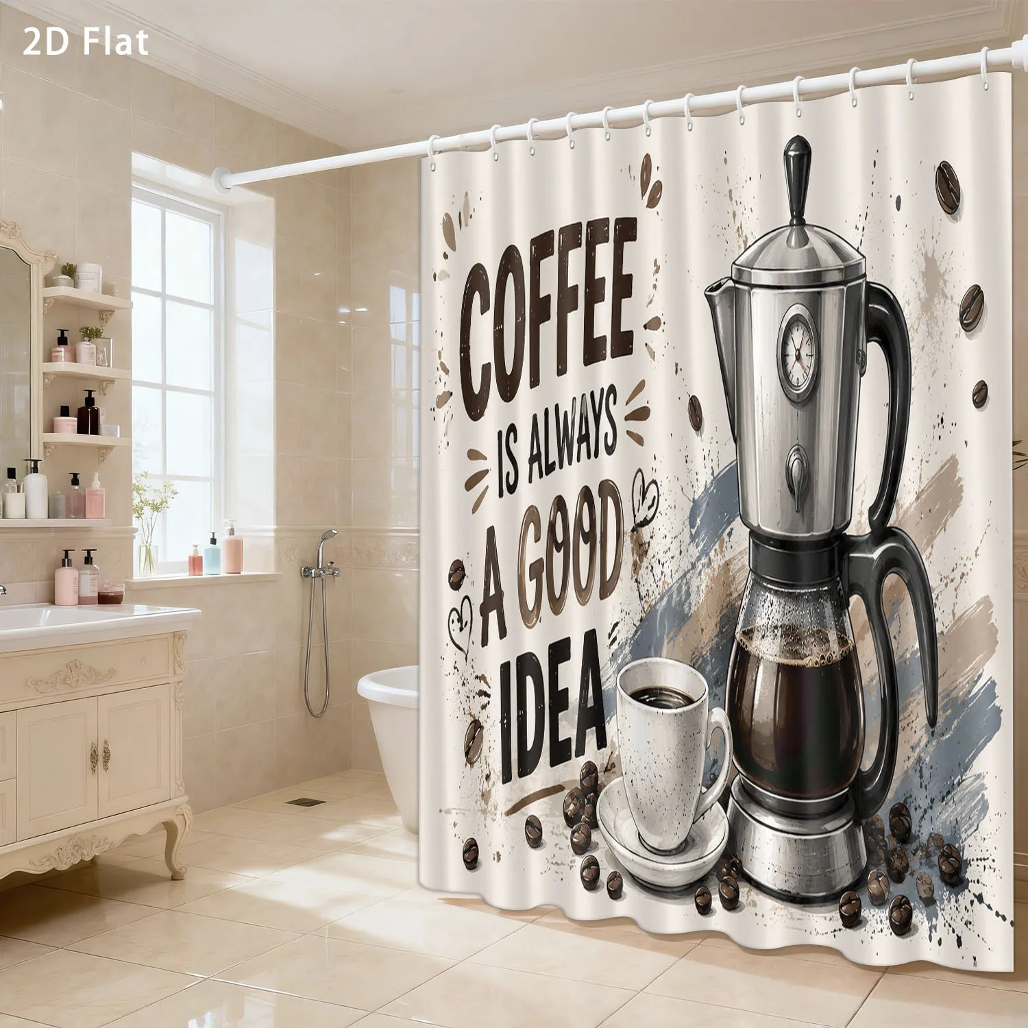 

Coffee Lovers Shower Curtain, Vintage Coffee Pot & Cup Print, "Coffee is Always a Good Idea" Quote, Waterproof Bathroom Decor