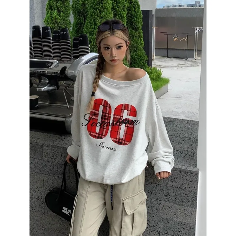 

American Hot Girl Print Off-Shoulder Hoodie 2025 New Arrival Oversized Loose Design Long Sleeve Autumn Women Casual Sweatshirt