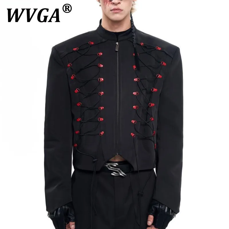 

WVGA Spring Autumn New Man Tide High Street Drawstring Design Trendy Short Jacket Niche Chic Casual Stand Collar Coat Ins W10331