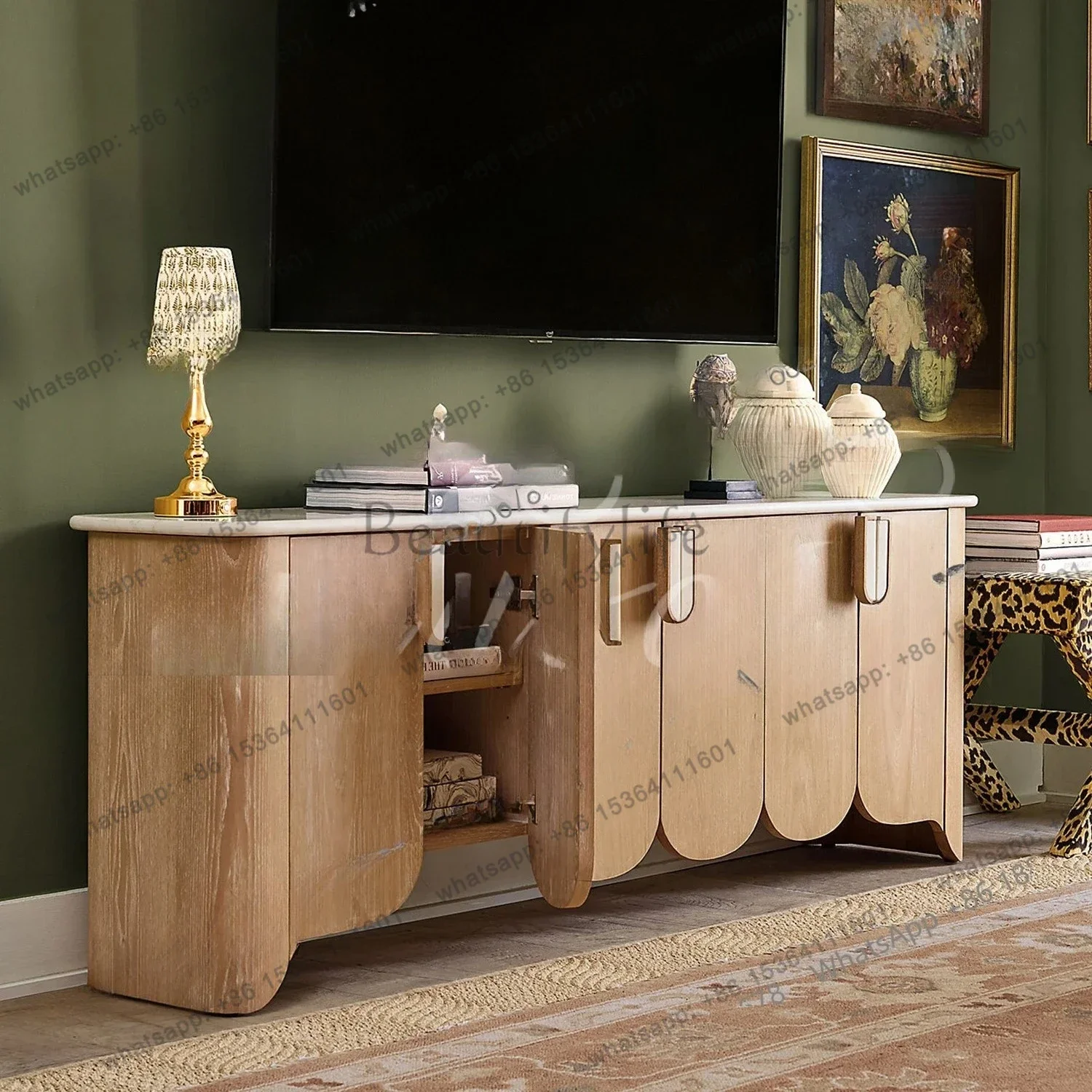 

yj21 French retro solid wood marble dining side cabinet living room decorative cabinet wall locker