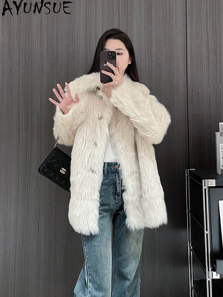 AYUNSUE 2025 Shearlingแจ็คเก็ตผู้หญิงกลางความยาวหรูหราเสื้อขนสัตว์สําหรับเสื้อผ้าผู้หญิงคุณภาพสูงฤดูหนาวเสื้อขนสัตว์то Ж
