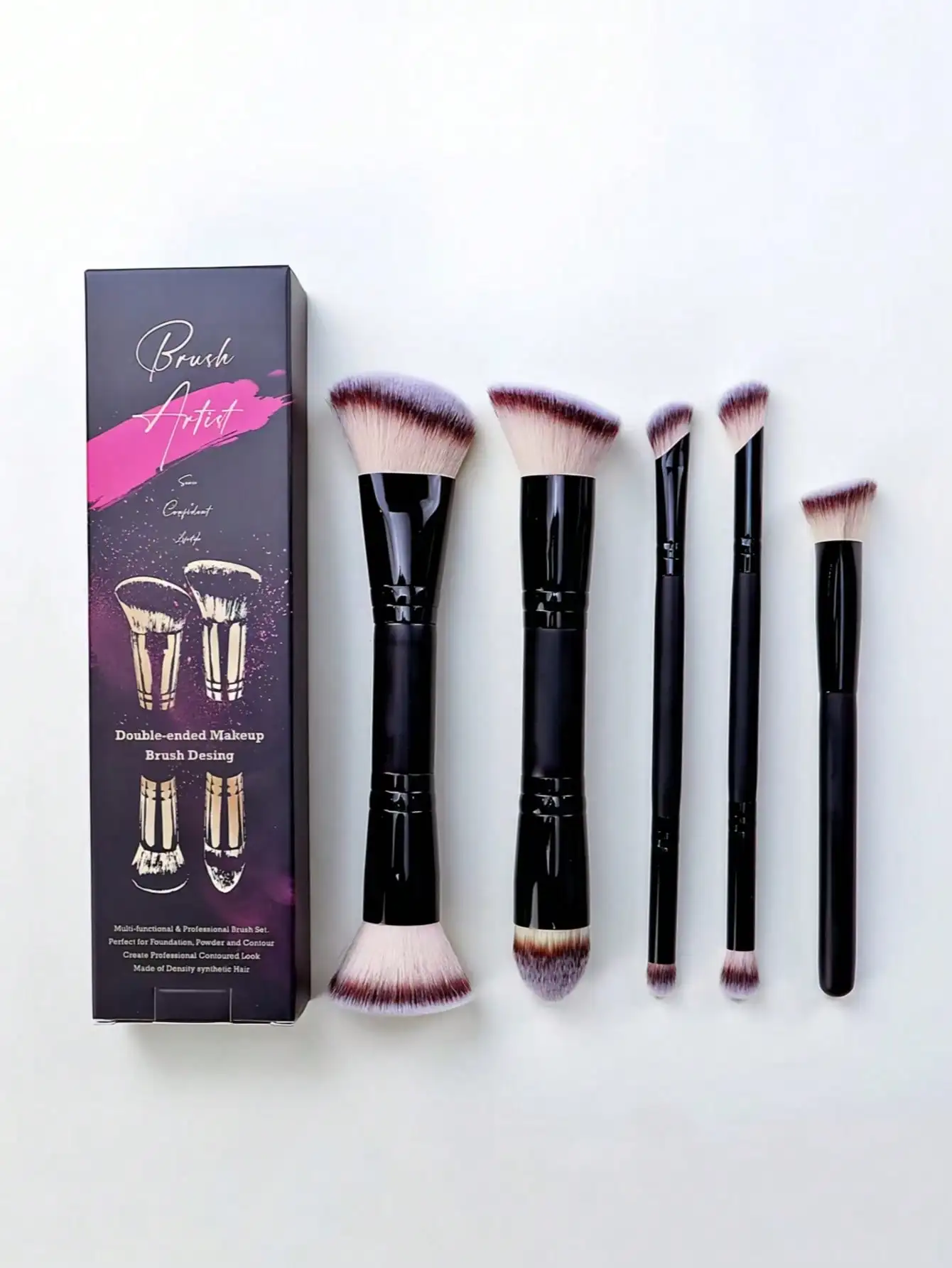 Juego de brochas de maquillaje facial profesionales de doble punta de 5 piezas (con caja de papel), que incluye brochas angulares y planas para base, brochas para contorno, brochas para colorete, brochas para polvos, brochas para sombras de ojos, brochas 
