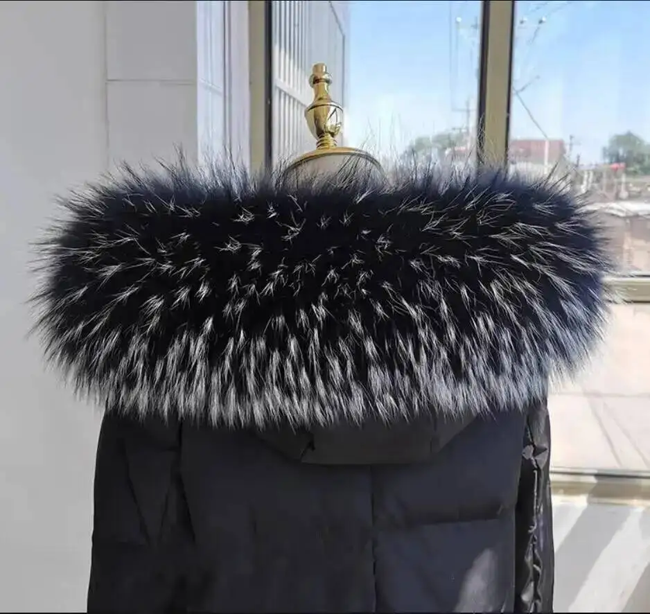 Luxury Winter 100% Real Raccoon Fur Collar Women Neck Warm Furry Fur Scarves Female Long Coat Hood Straight Collar Large Shawls