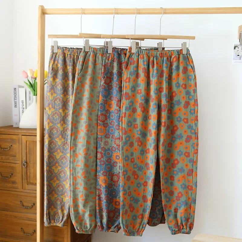 2024 Lipline Neue Damen-Pyjamahose, 100 % Baumwolle, Nahaufnahmehose, farbig gewebte Blumen-Haushose, Damen-Mückensichere Hose