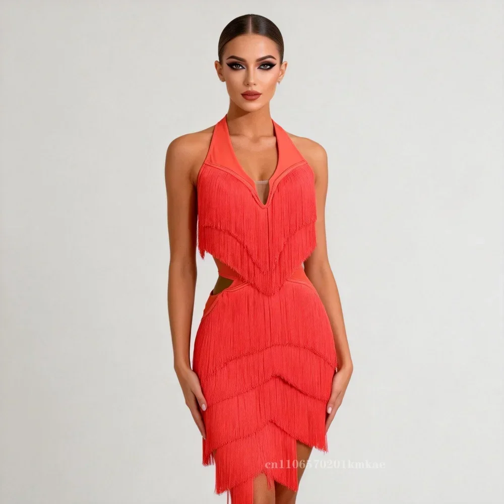 

New Latin Dance Competition Show Custom Adult Youth Red Fringe Dance Dress Ballroom Rumba Chacha Tango Performance Wear