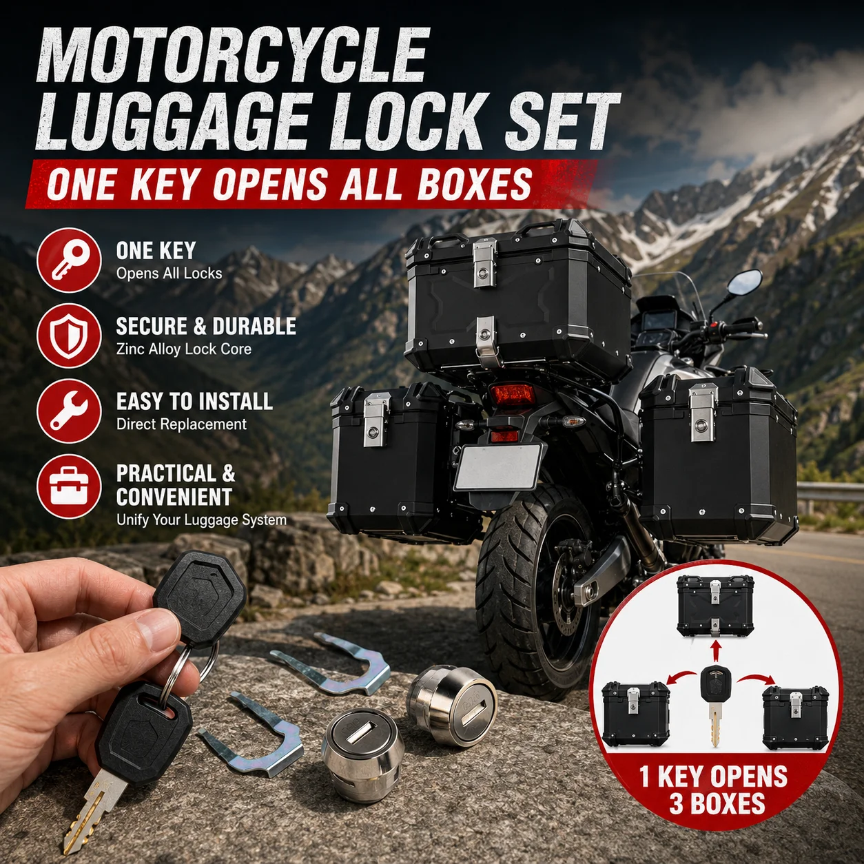 Motorcycle Luggage Lock Cylinder Set One Key Opens All Top & Side Cases | Universal Replacement Lock Core Kit For Tail Boxes