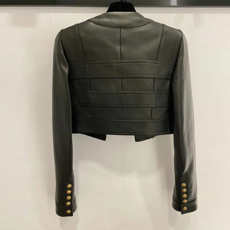 High Street-Chaqueta corta de cuero sintético para mujer, abrigo de manga larga con cuello redondo y doble hebilla de Metal, moda de primavera, s529, 2023