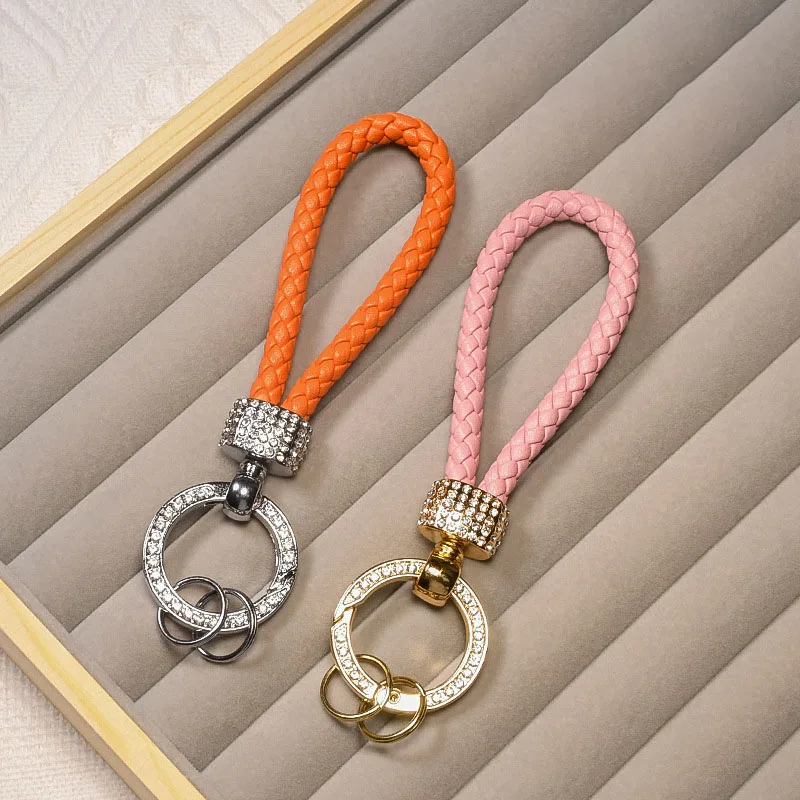 1PC PU Leather Braided Woven Rope Keychain Glitter Rhinestones Car  Key Ring For Men Women Multiuse Car Key Holder Charms
