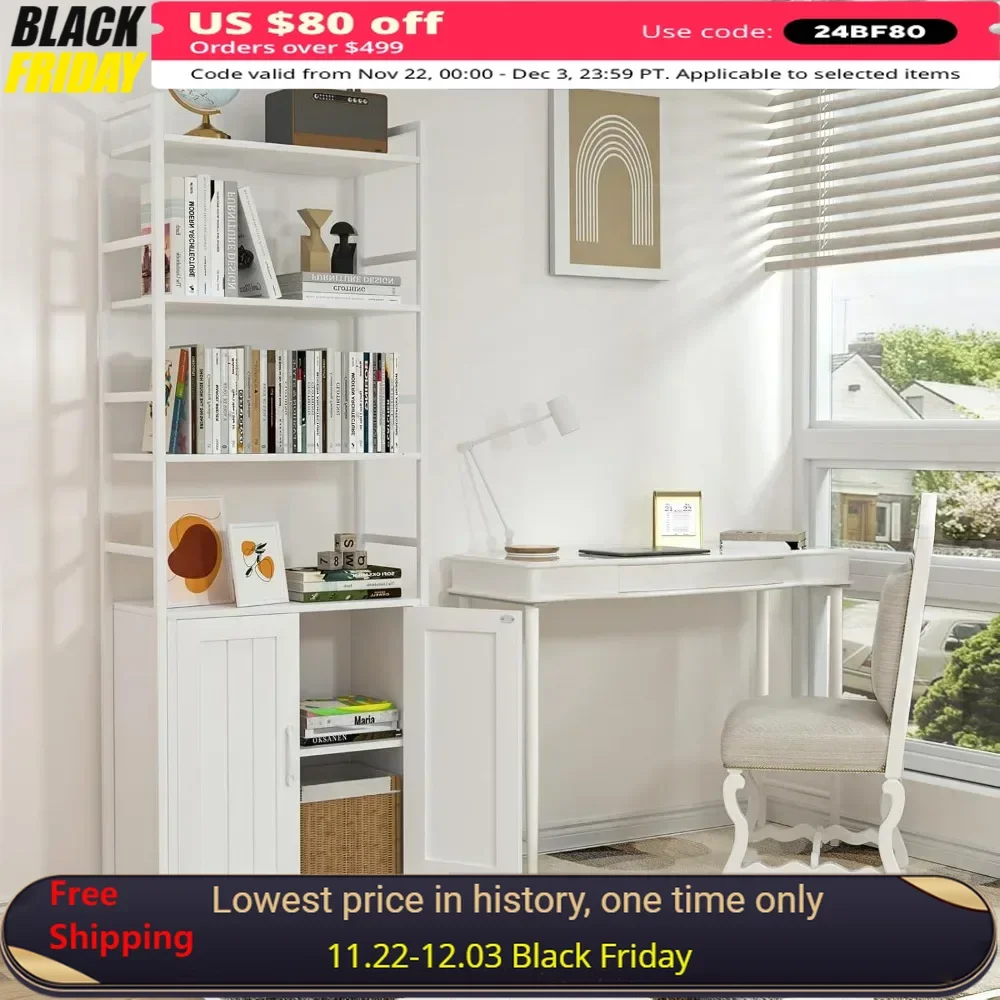 

Bookcases,White 6-story bookshelf with door, 70 inches high, with storage cabinet,Bookcases.