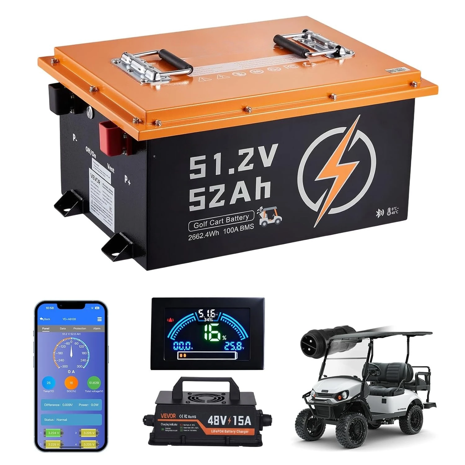 48V (51.2V) 52AH Lithium Golf Cart Battery, with 15A Charger - Lifepo4 Battery Kit - Built
