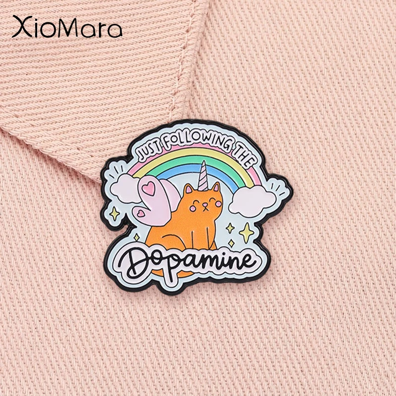 Just Following The Dopamine Enamel Badge Fantasy Winged Unicorn Cat Pin Rainbow Cloud Star Brooch Lapel Decoration Jewelry Gift