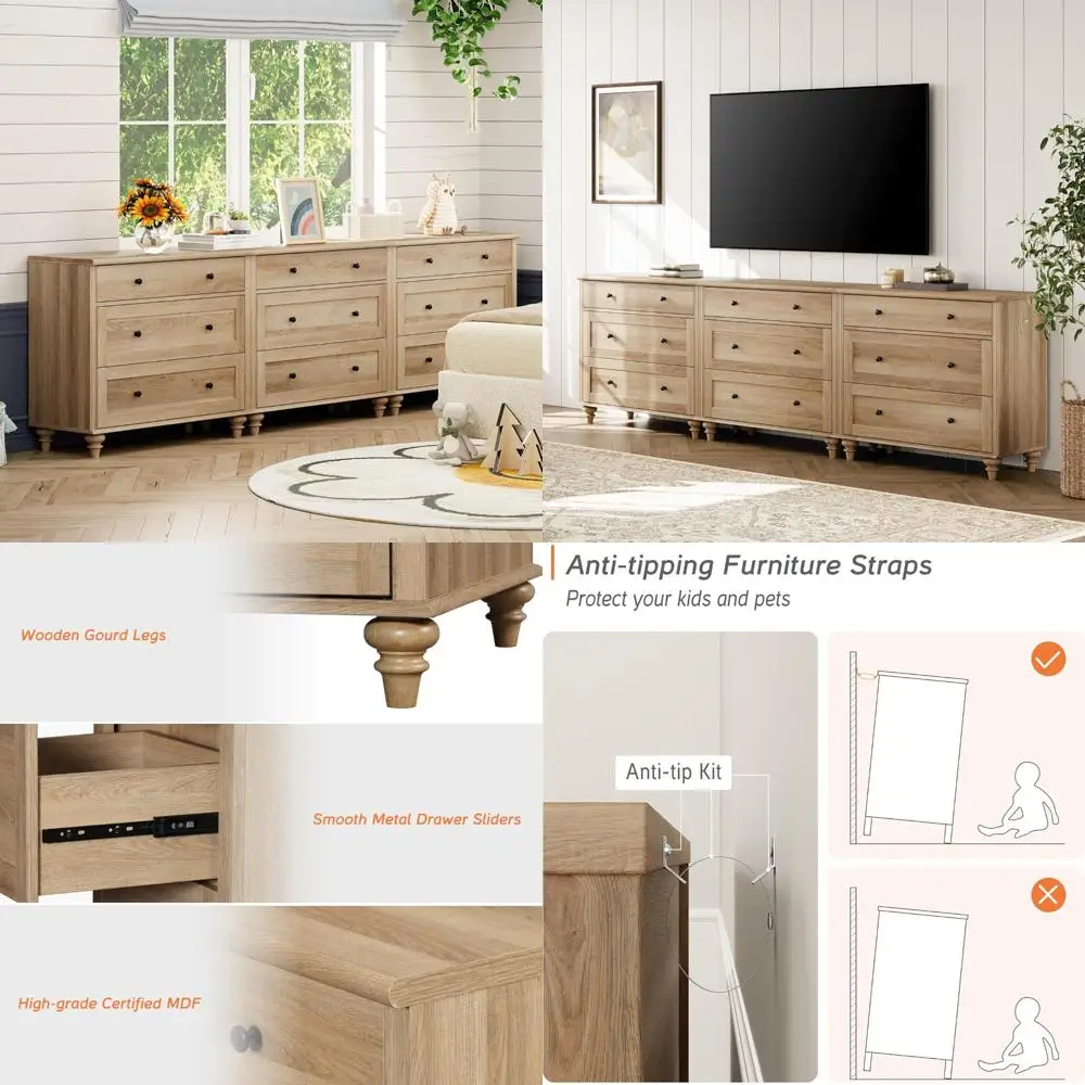 

Mid Century Modern 9-Drawer Wooden Dresser for Bedroom and Kids' Storage