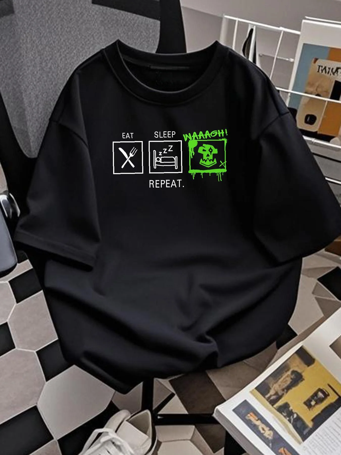 40K Orc T-Shirt - Eat, Sleep, Game Wiederholbares Muster T-Shirt Weich und Atmungsaktiv in Neongrün - WH40K Waaagh Spielbekleidung – Detail 4