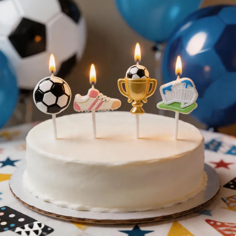 4-teiliges Kreatives Fußball-Themen-Kerzenset zur Kuchendekoration mit Fußballschuhen, Trophäe und Fußballtor für Geburtstagsfeiern – Detail 3