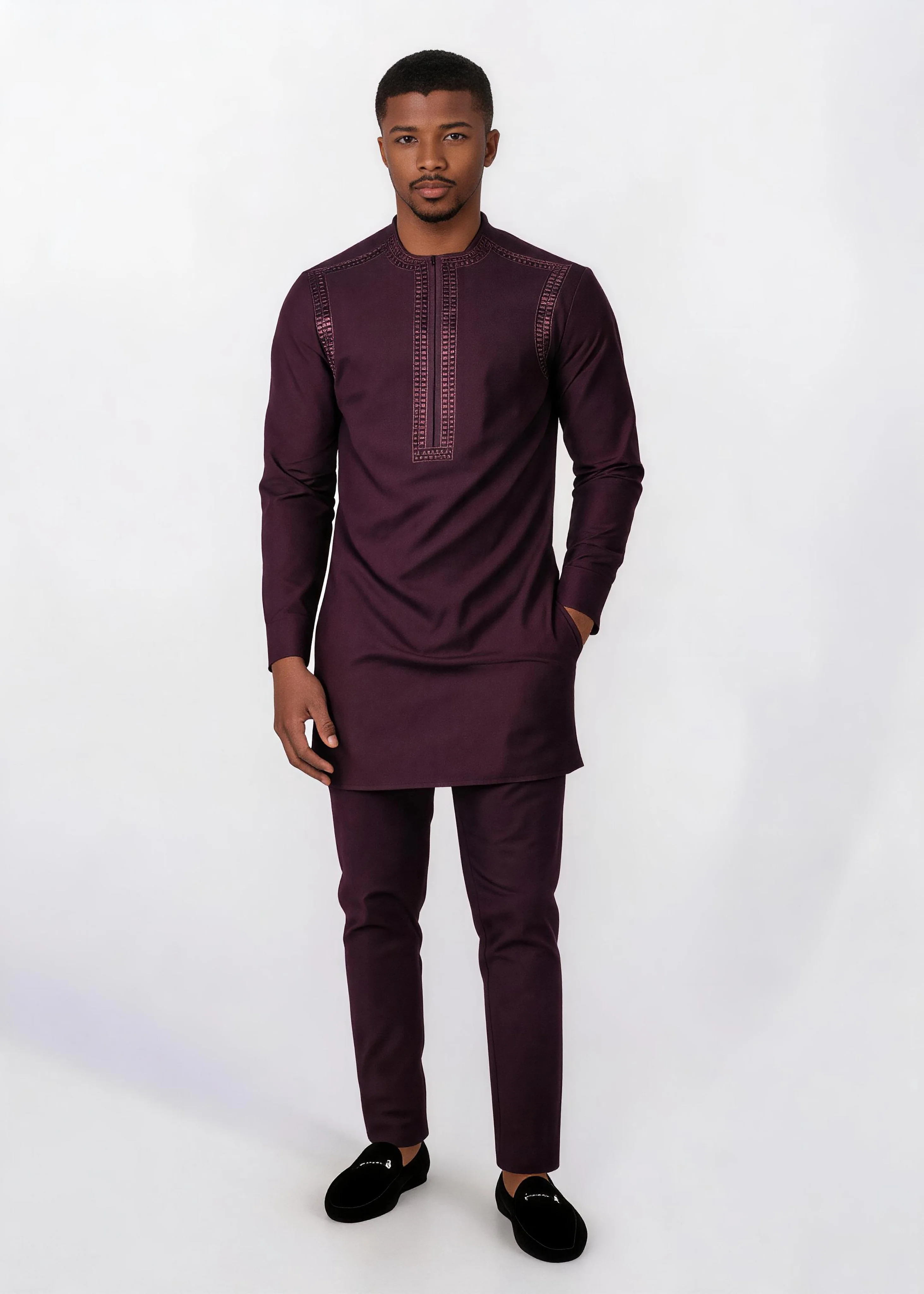 Men Muslim 2Pcs Kurta Pant Set Exquisite Embroidery Stand Collar African Eid Thobe Outfit