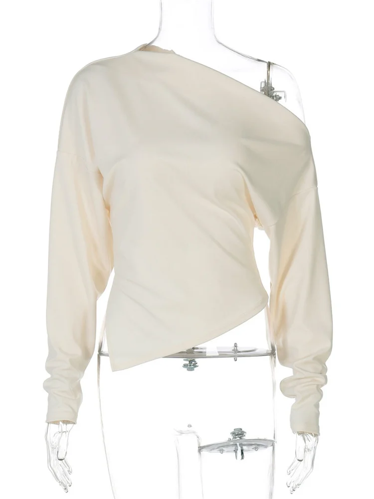 Tossy Summer Female Casual T-shirt Top Solid Off-Shoulder Long Sleeve Cropped Commute Patchwork Top Pullover Women's Tee 2025