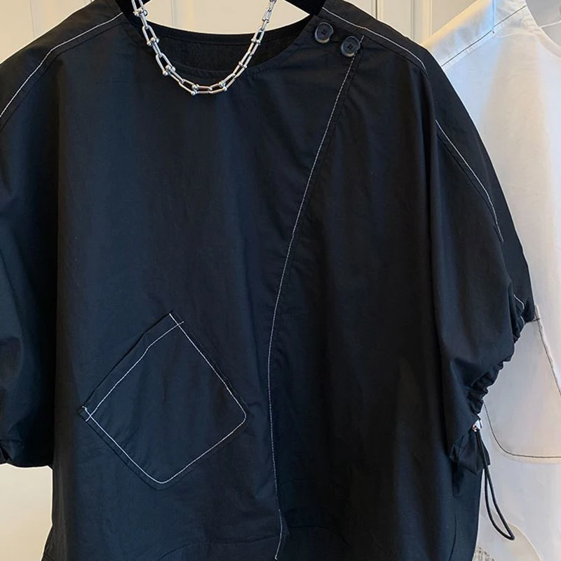 

Летний повседневный свободный женский топ больших размеров irt ort Sve round Ne Button up Top Trendy plus Size MM Design Sense Korean Sle