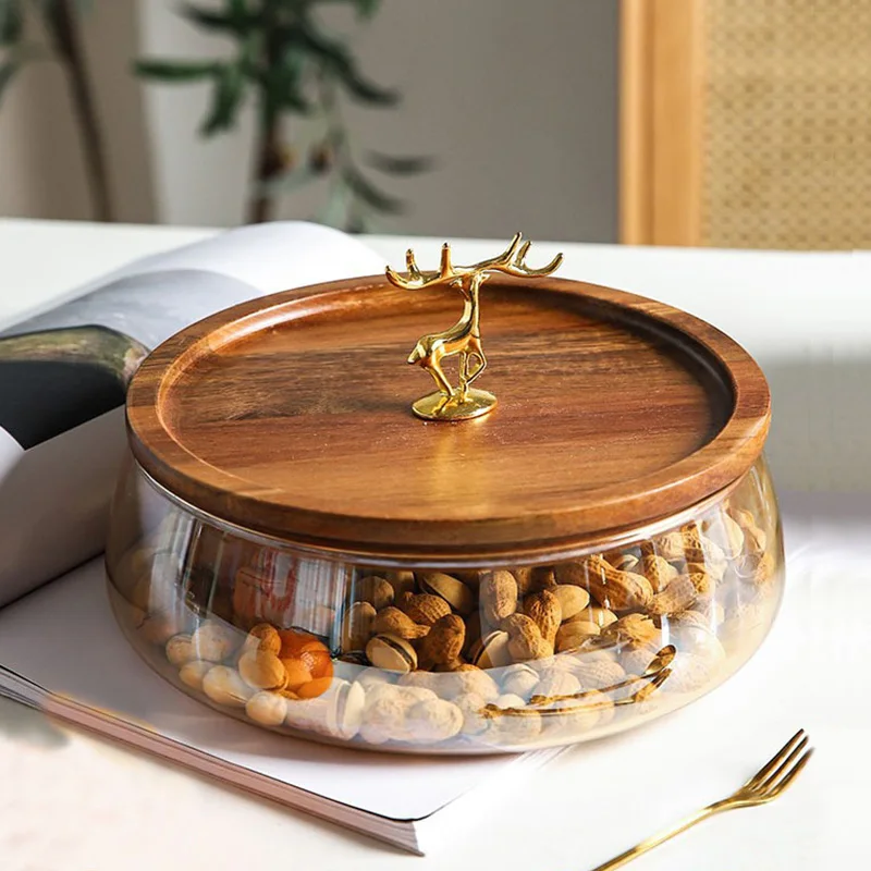 

Instagram Glass Fruit Plate Light Luxury European Wooden Deer with Cover Candy Box Living Room Tea Table Snacks and Dried Fruits