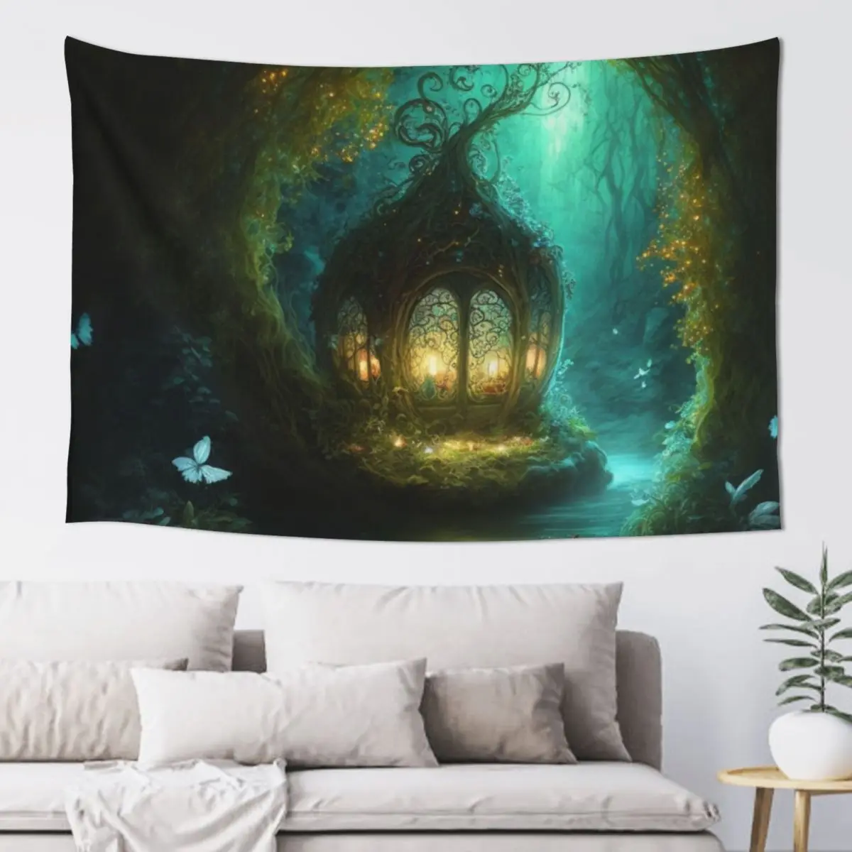 

Enchanted Fairy Pod on a Magical River in a Fairytale Forest Tapestry House Decor Wall Decoration Items Outdoor Decor Tapestry