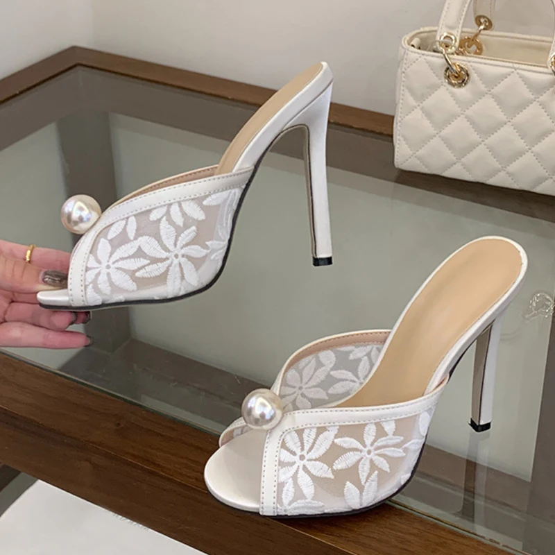 

Liyke Handmade Embroidery Flower Mesh Women's Thin Heeled Slippers White Pearl Designer Slides Sandals Summer Party Dress Shoes