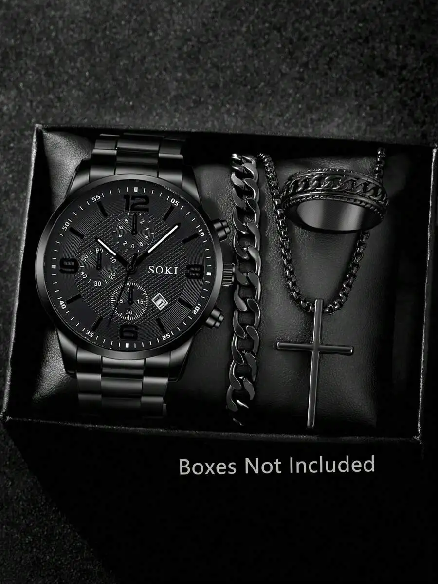 

Мужской набор: черные часы-хронограф с кулоном-крестом, браслетом-цепочкой и кольцом — корпус и ремешок из нержавеющей стали