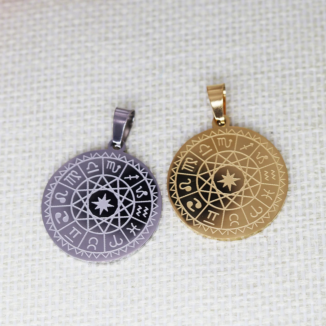 2PCS Zodiac Sign Compass Pendant DIY Stainless Steel Gift For Women Men Charm Pendant For Bracelet Jewelry Findings