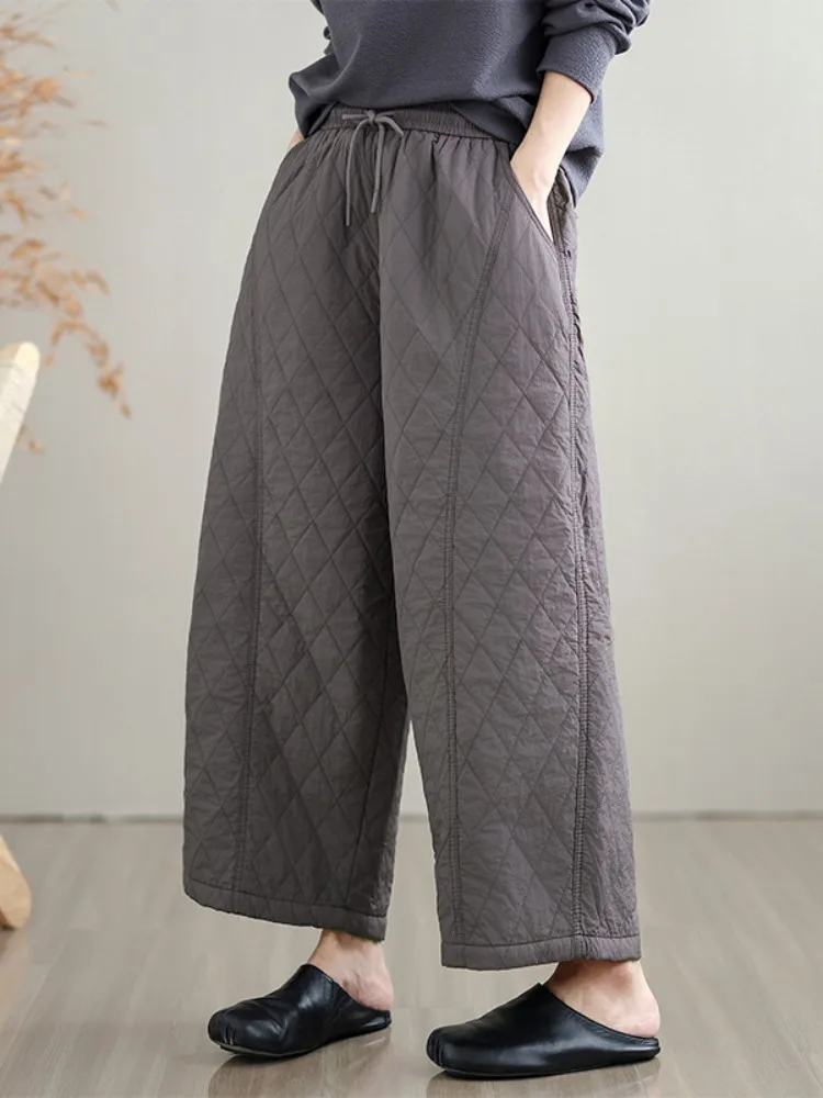 プラスサイズの女性の綿麻ワイドレッグパンツハイウエストストレートカットホームパンツ冬暖かいThienedカジュアルパンツ