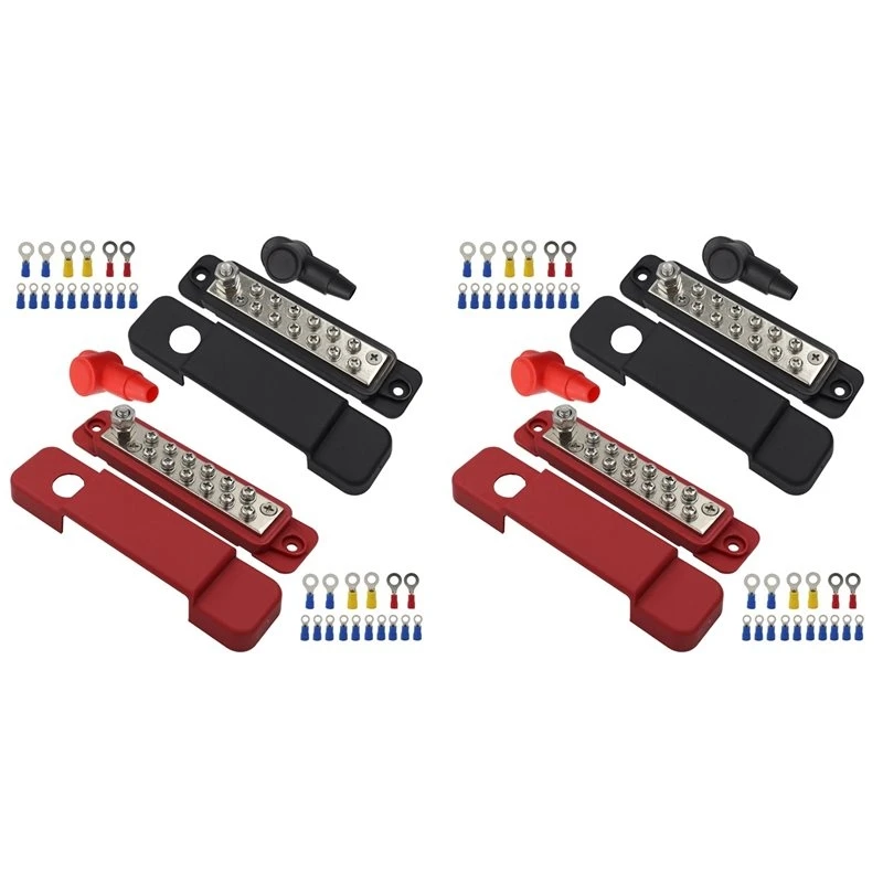 2 Set 12 Terminal Distribution Block Bus Bar DC 48V 12P Wiring Bars Busbar With Covers + Ring Terminals For RV Yacht
