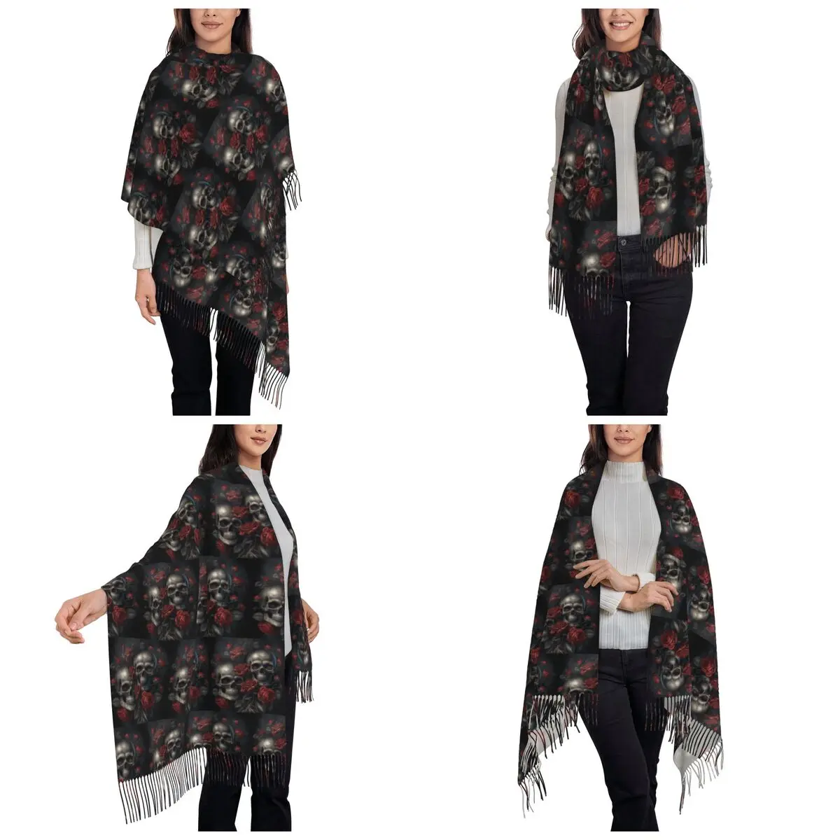 Skulls With Roses Scarf Tassel Scarves for Women Soft Warm Shawls and Wraps Long Fall Winter Shawl Wrap