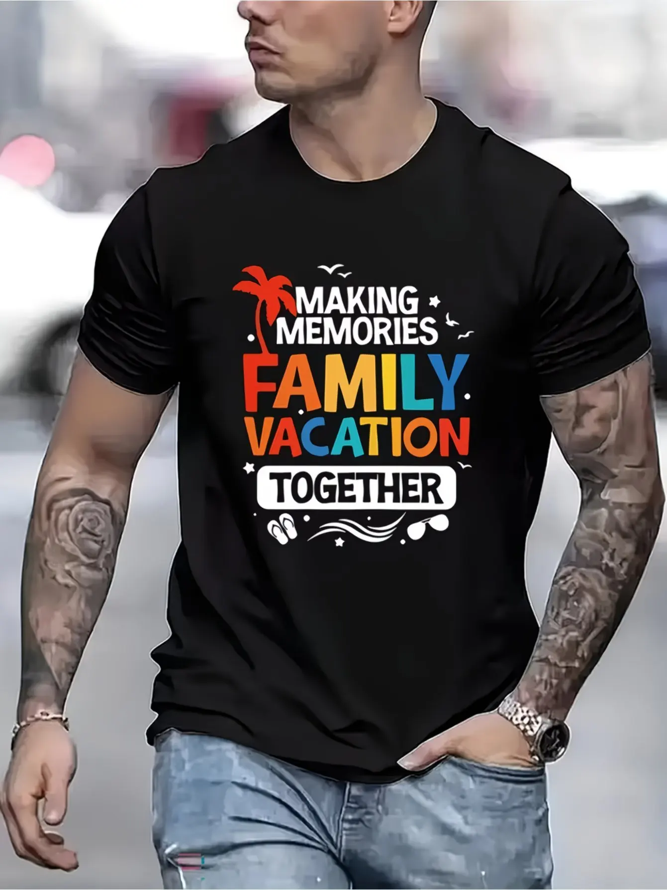 Summer Men's Sports T Shirt, Palm Tree Flip Flop Vacation Pattern Printed T Shirt, Fresh Travel Vacation Style, Round Neck Short Sleeve, Suitable for Daily Sports And Casual Wear