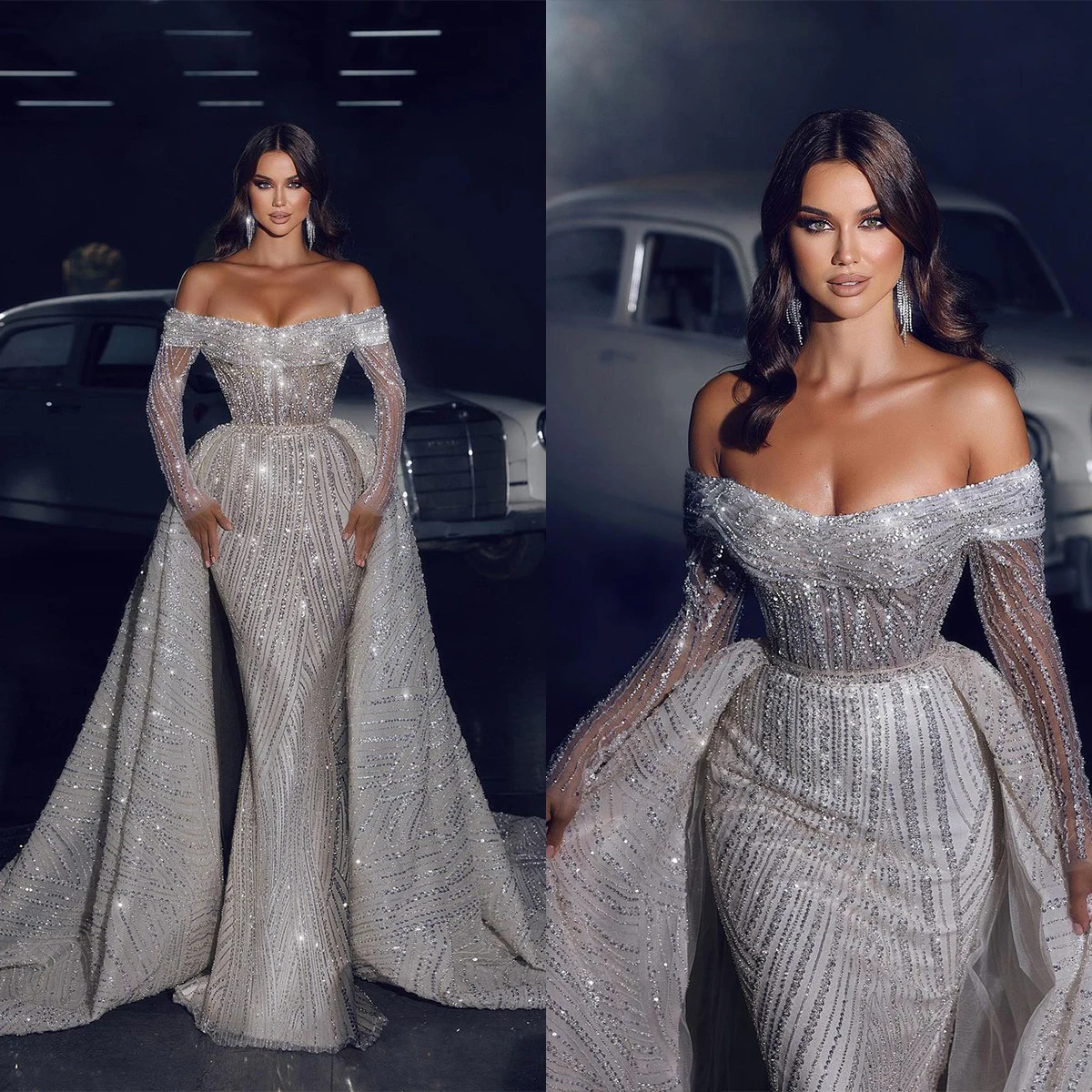 

Luxury Mermaid Wedding Dresses Off Shoulder Long Sleeves Bridal Gowns Custom Made Detachable Trian Arabic Church Robe De Mariée