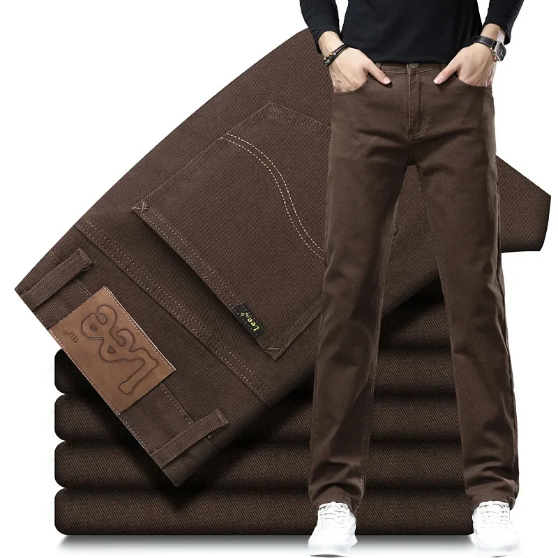ارتفاع الخصر لون القهوة الرجال الجينز عادية مستقيم الساق مطاطا سليم صالح الخريف الشتاء نمط جديد خفيفة الوزن الفاخرة الترفيه #5