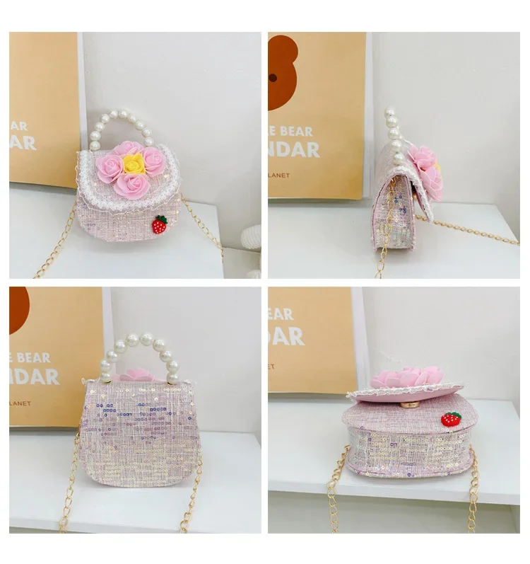 Sweet Flower Children\'s Small Shoulder Bag Fashion Pearl Handle Baby Girls Messenger Bags Lovely Princess Coin Purse Handbags