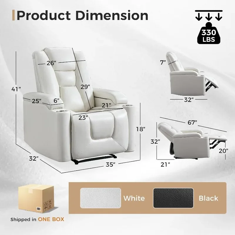 ANJ White Power Recliner Chair Electric Home Theater Seating Soft Leather Movie Chair for Living Room Overstuffed Single