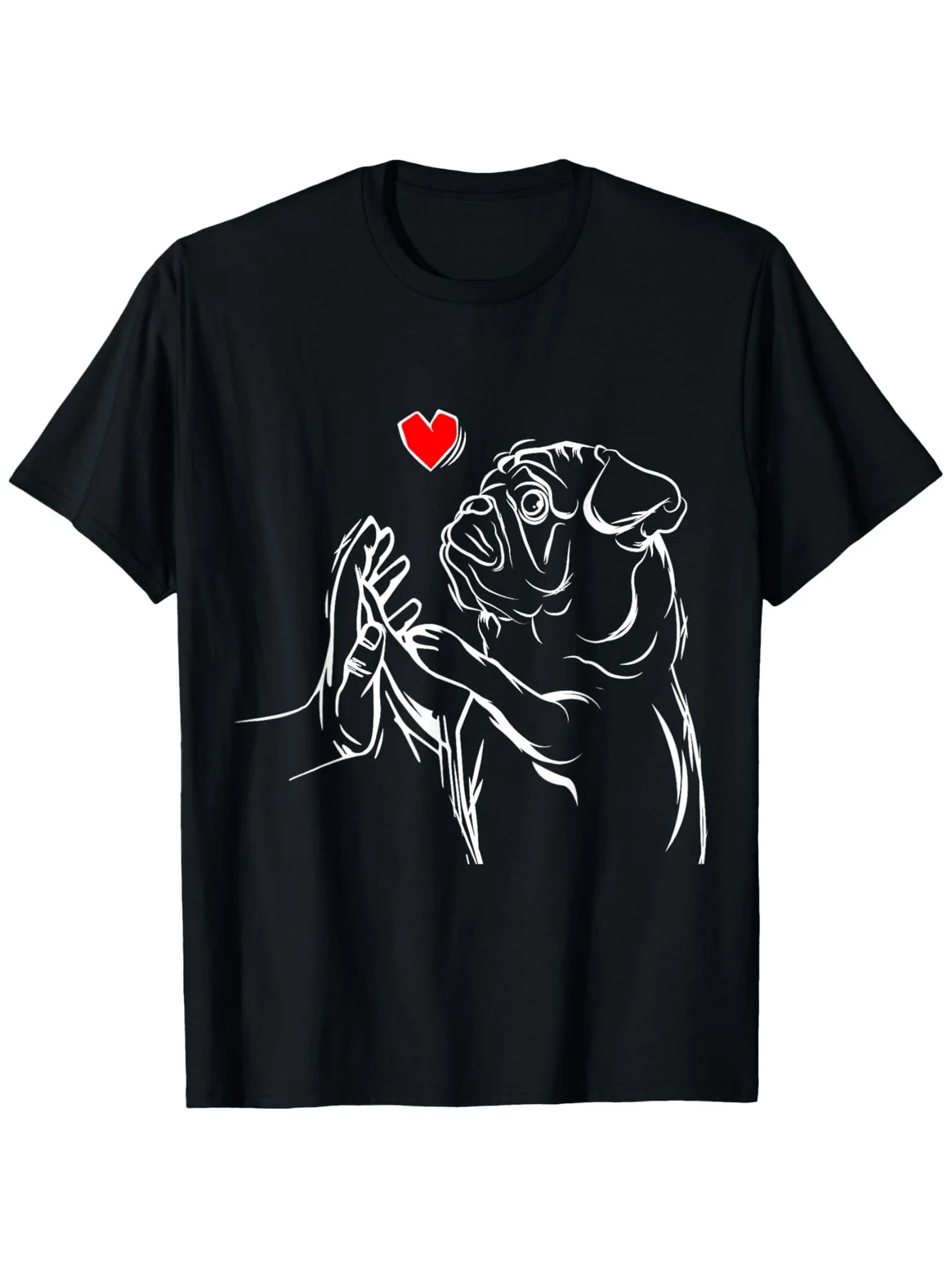 

Pug Lover T-Shirt - 100% Cotton Black Crew Neck Short Sleeve Tee with Adorable Pug Design & Red