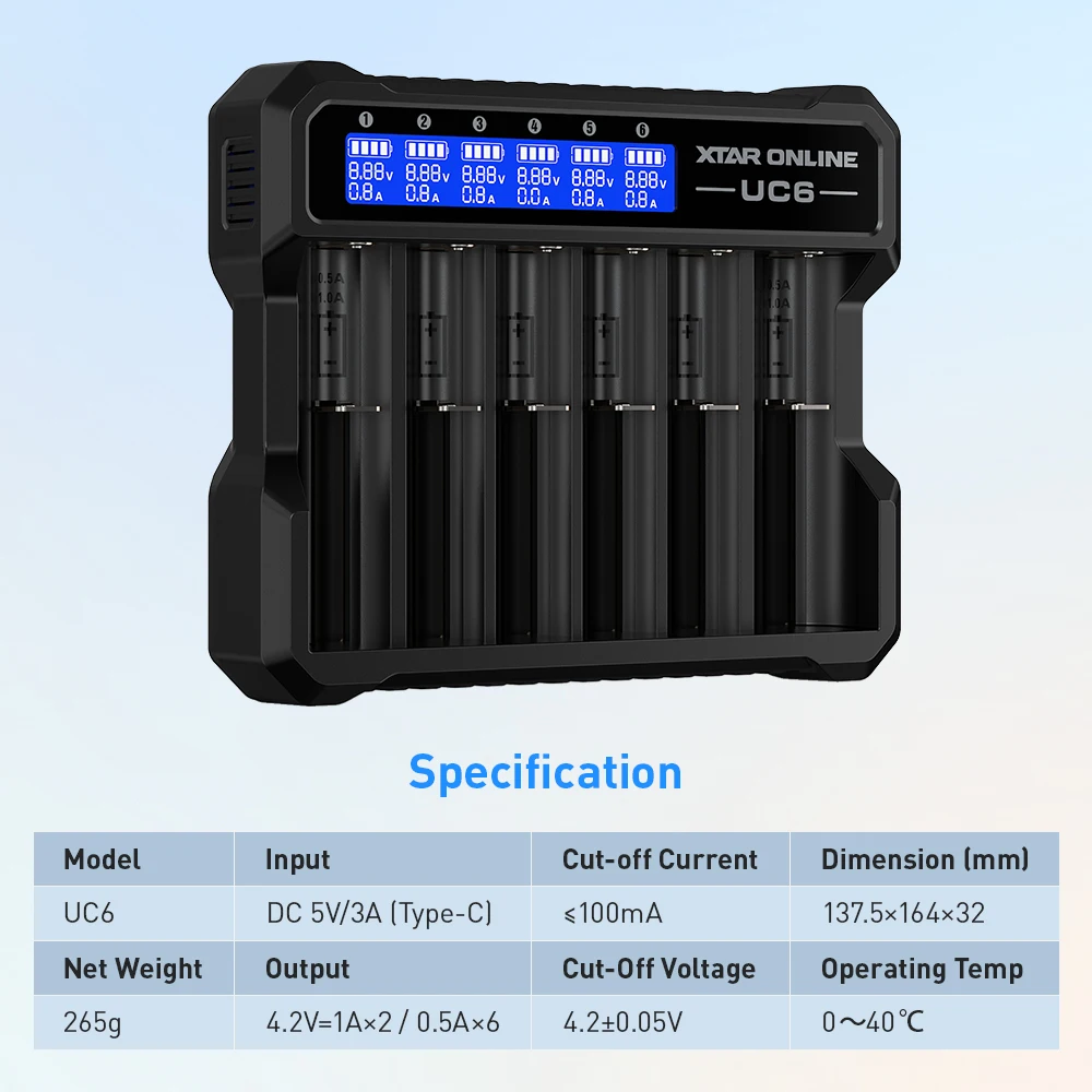 XTAR UC6 6-gniazdowa inteligentna ładowarka LCD do akumulatorów Li-ion 18650 21700 3.6V/3.7V, wejście Type-C, szybkie ładowanie 1A — zdjęcie produktu 6