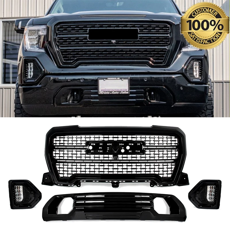 

2019 2020 2021 Front Bumper Upper Grille For GMC Sierra 1500 Fog Light Lower Center Grill Mesh Glossly Black 84176749 84508282