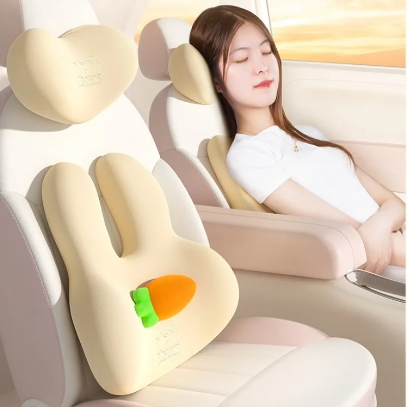 Kawaii Plush Car Neck Pillow Waist Pillow Memory Foam Car Headrest and Lumbar Support Cute Car Accessories Woman Seat Pillow Set