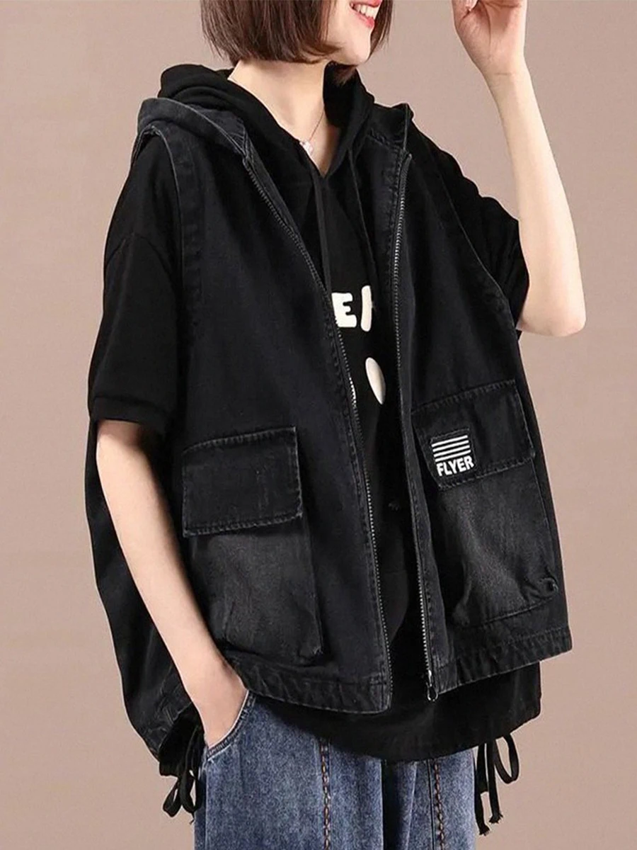 

Джинсовый жилет больших размеров, женский весенний свободный топ с капюшоном и капюшоном, брендовая сезонная застежка-молния, повседневная одежда