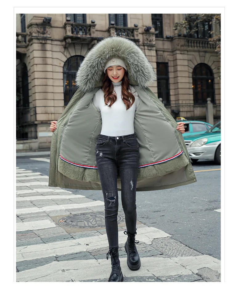 Women Hooded Parkas Coats Long Jackets Solid Detachable Big Fur Lenth Collar Zipper Drawstring Slim Fit Thick Casual 2025 Winter