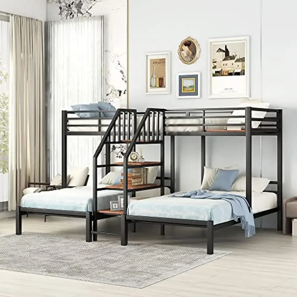 Metal Bunk Bed Twin Over Twin with Guardrails and Shelf Staircase Space-Saving Design No Box Spring Required Easy Assembly Black