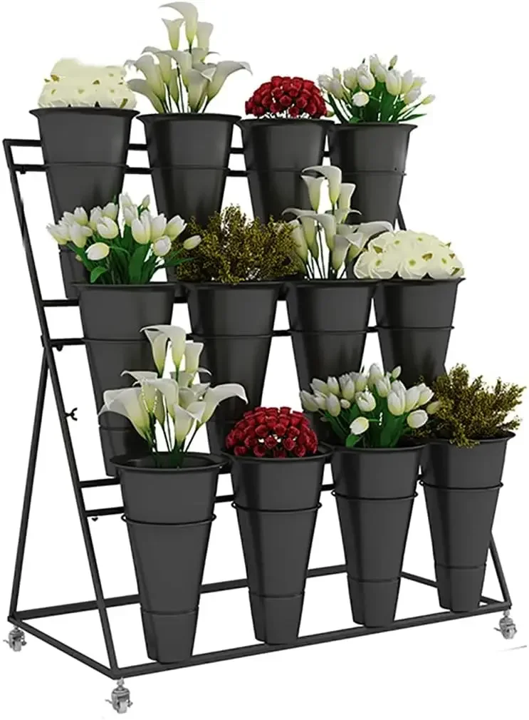 Display Stand with  Plastic Buckets Iron Plant Stand with 4 Universal Wheel, 3-layers Metal Moving Florist Bouquet Shelf for Fre