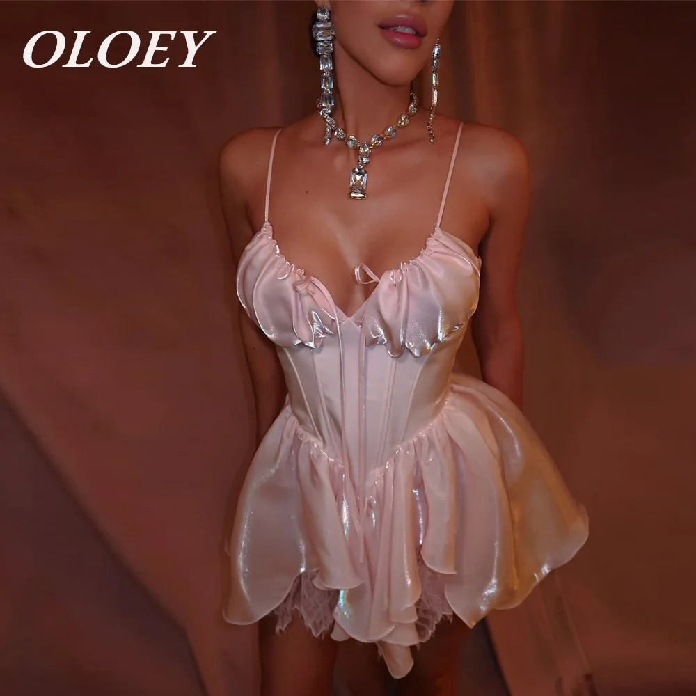 

OLOEY Sexy Pink Short Prom Cocktail Dress Spaghetti Straps Gliter A-line Mini Wedding Birthday Party Gown Customized Lace-up