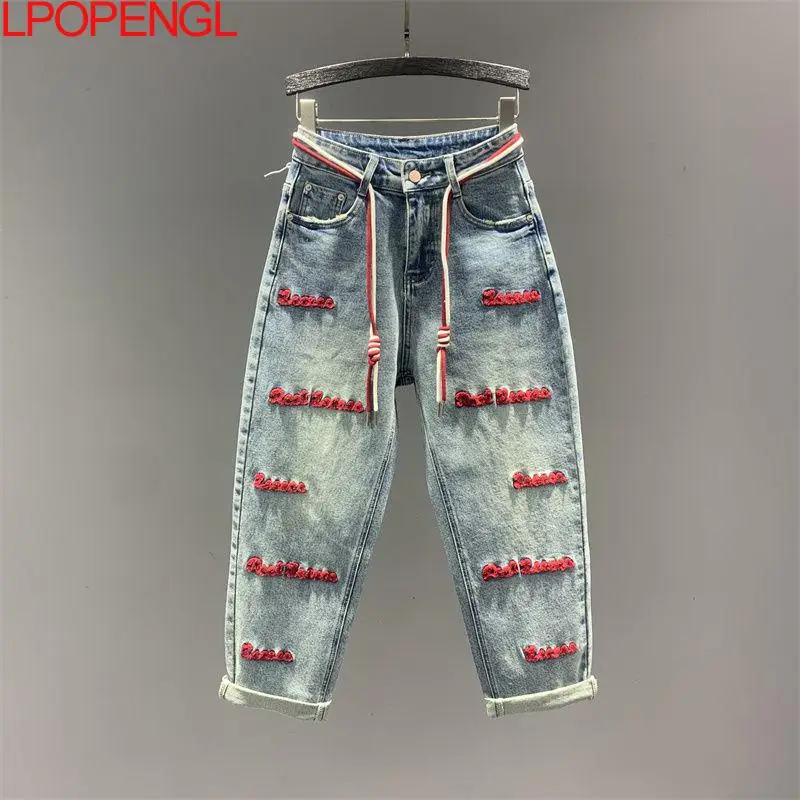 Baggy Jeans Women's New High Waist Personalized Letter Embroidered Denim Harem Pants Women's Loose High Waist Cross-pants