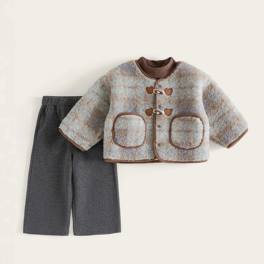 Children Girl Winter 3PCS Clothes Set Thicken Velvet Plaid Open Stitch Coat+solid Cotton Pullover+ Pants 1-8Y Girls Elegant Suit