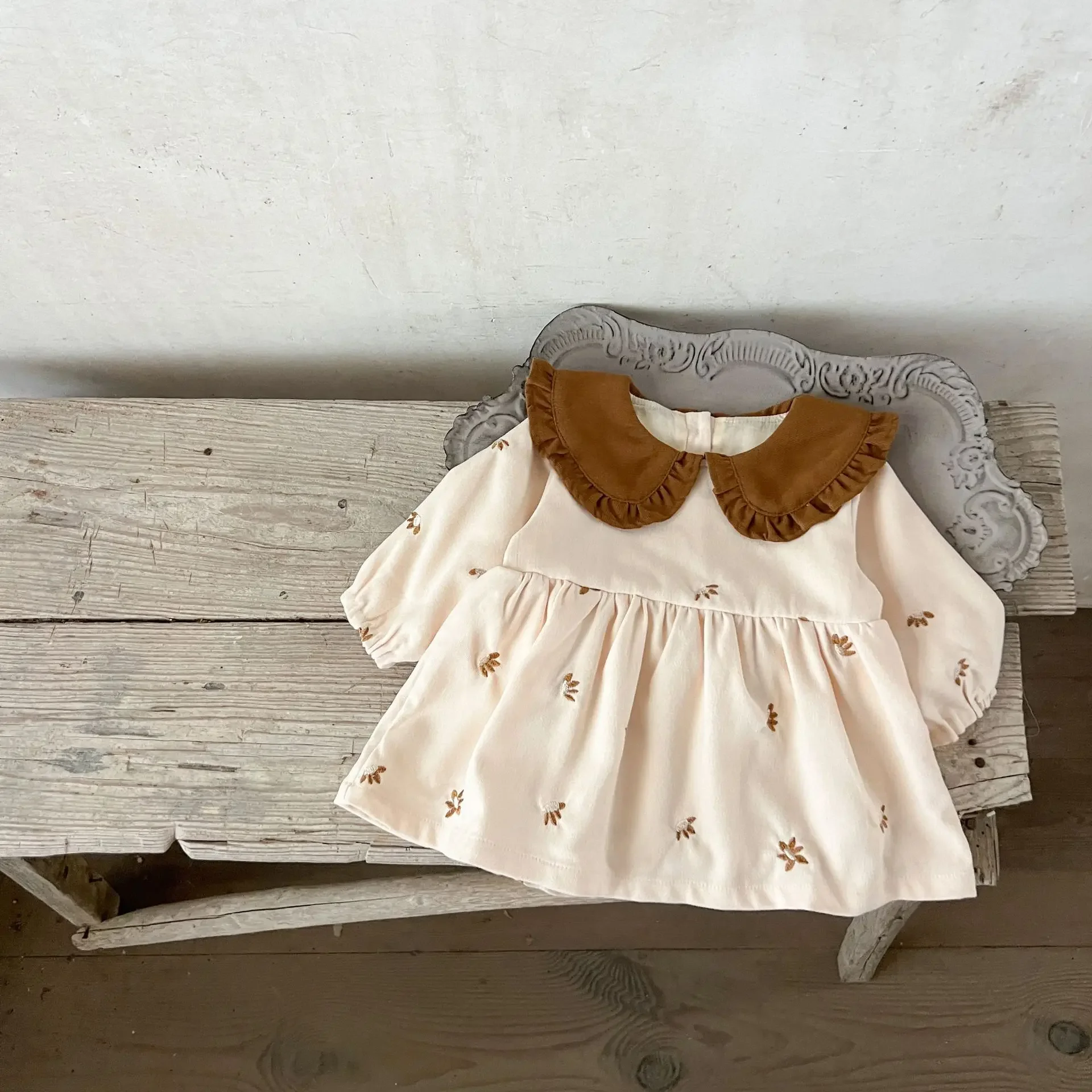 Baby Clothes Girls Cotton Full Embroidered Color Contrast Lapel Dress Baby 2024 Spring and Autumn Casual Fashionable Dress