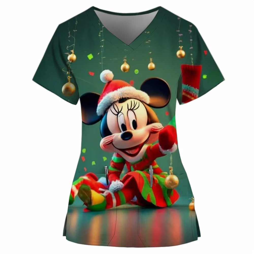 Merry Christmas Disney Mickey Mouse Nurse Uniform Cute Minnie Print V-Neck Pocket Medical Uniforms Cartoon Nursing Scrubs Unifor