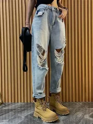 Vintage Ripped Jeans Women Summer New Holes Tassel Denim Pants Light Blue Trousers Female Wide Leg High Waist Straight Jeans 4XL